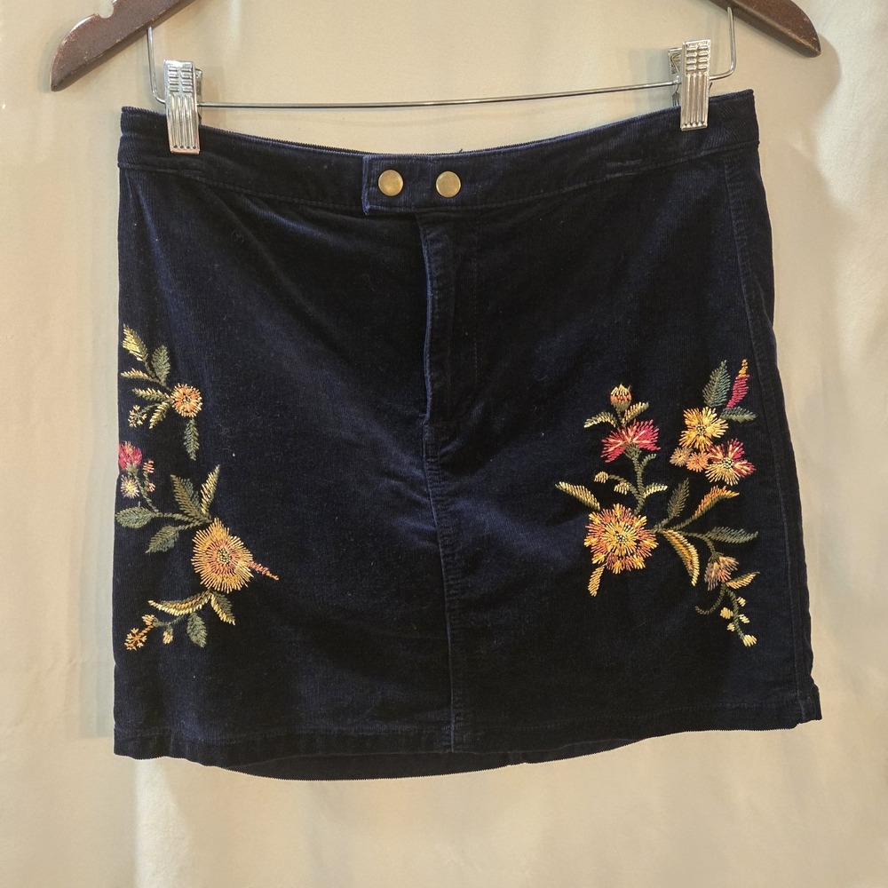 Mossimo Mini Skirt Blue Corduroy Floral Embroidered Boho Twee Festival Womens 6
